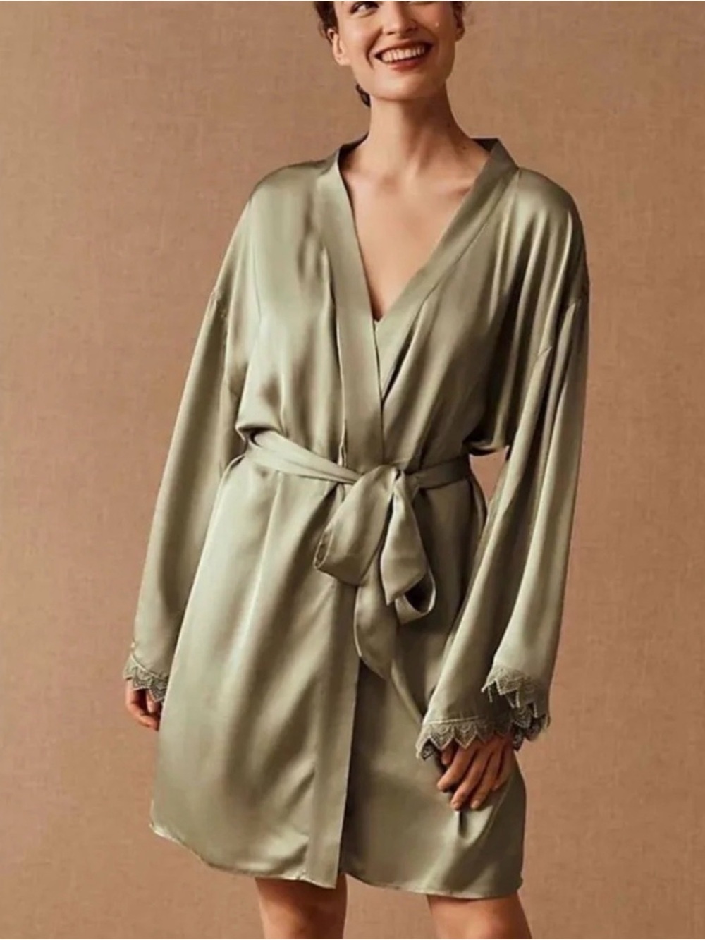 BHLDN Matine Silky Long-Sleeve Lace-Trimmed Robe